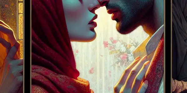 A triptych illustrating the emotional spectrum of adult relationships: romance, tension, and everyday interactions.