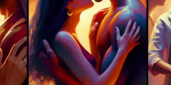 A triptych illustrating the emotional spectrum of adult relationships: romantic passion, tense dominance, and everyday interactions.