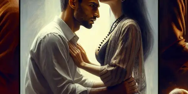 A triptych illustrating the emotional spectrum of adult relationships: romantic passion, tense dominance, and everyday interactions.