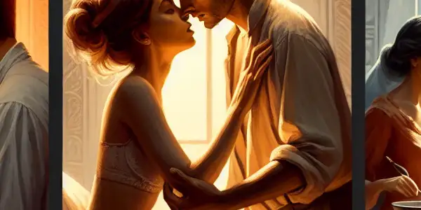 A triptych illustrating the emotional spectrum of adult relationships: love, tension, and everyday companionship.