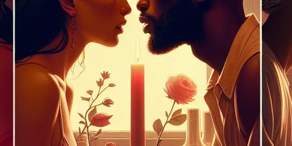 A triptych depicting romantic passion, tense dominance, and everyday interactions in adult relationships.