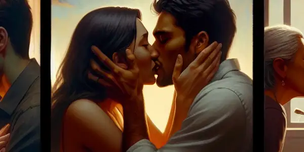 A triptych illustrating the emotional spectrum of adult relationships: romance, conflict, and everyday life.