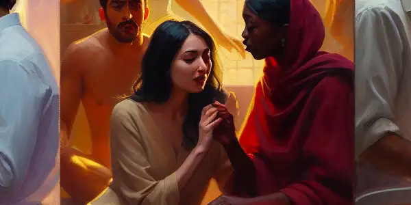 A triptych illustrating the emotional spectrum of adult relationships: intimacy, conflict, and everyday connection.