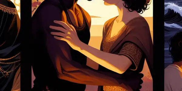 A triptych depicting the emotional spectrum of adult relationships: romance, tension, and everyday interactions.