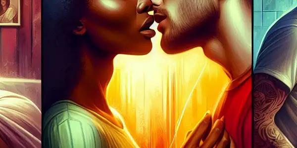 A triptych illustrating the emotional spectrum of adult relationships: romance, tension, and everyday interactions.