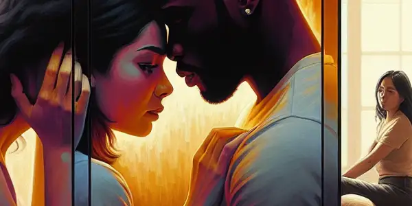 A triptych illustrating the emotional spectrum of adult relationships: intimacy, conflict, and everyday interactions.