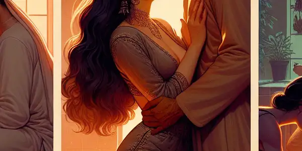 A triptych illustrating the emotional spectrum of adult relationships: passion, dominance, and everyday connections.