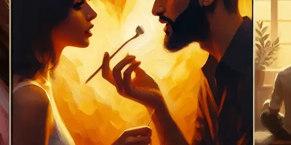 A triptych illustrating the emotional spectrum of adult relationships: romance, tension, and everyday interactions.