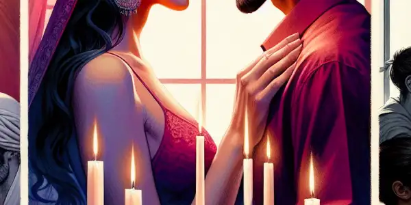 A triptych illustrating the emotional spectrum of adult relationships: romance, tension, and everyday interactions.