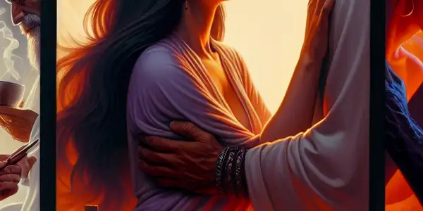 A triptych illustrating the emotional spectrum of adult relationships: romantic passion, tense dominance, and everyday interactions.