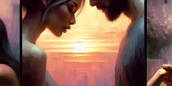 A triptych depicting the emotional spectrum of adult relationships: romance, tension, and everyday life.