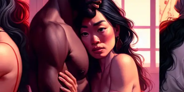 A triptych illustrating the emotional spectrum of adult relationships: passion, tension, and everyday interactions.