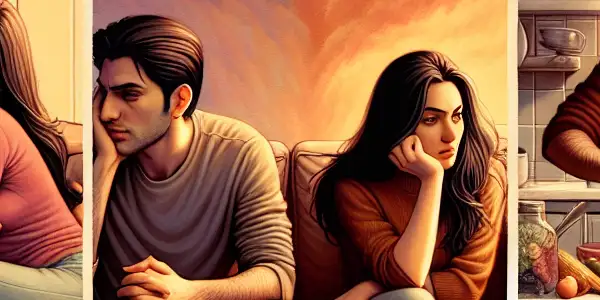 A triptych illustrating the emotional spectrum of adult relationships: romance, tension, and everyday interactions.