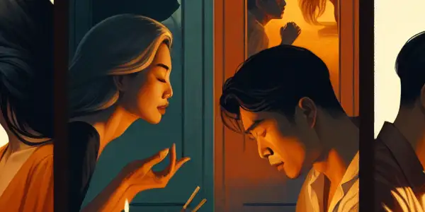 A triptych depicting the emotional spectrum of adult relationships: romantic passion, tense dominance, and everyday interactions.