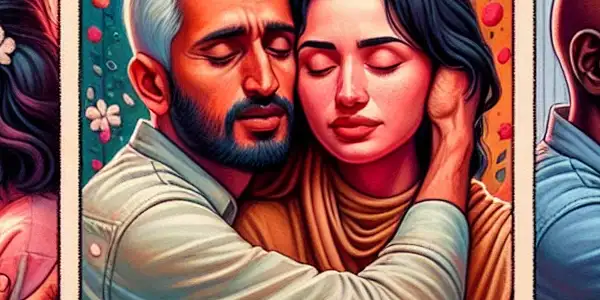 A triptych depicting the emotional spectrum in adult relationships: love, conflict, and everyday interactions.