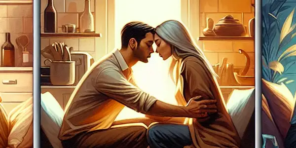 A triptych illustrating the emotional spectrum of adult relationships: romance, tension, and everyday interactions.