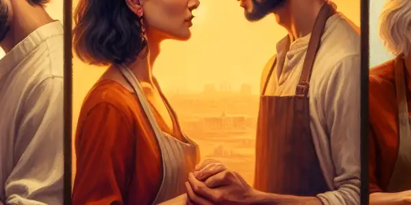 A triptych illustrating the emotional spectrum of adult relationships: romance, tension, and everyday interactions.