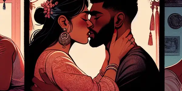 A triptych illustrating the emotional spectrum of adult relationships: romance, tension, and everyday interactions.