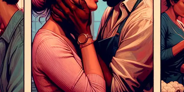 A triptych illustrating the emotional spectrum of adult relationships: romance, tension, and everyday interactions.