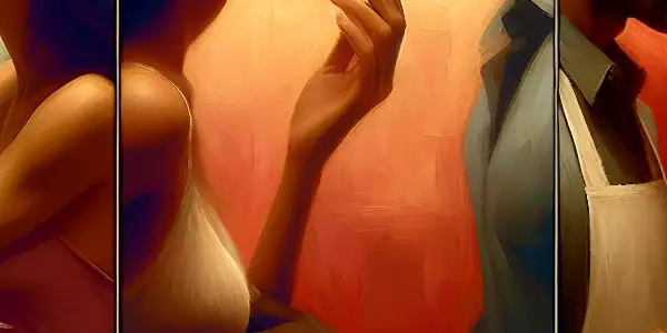 A triptych depicting the emotional spectrum in adult relationships: romance, tension, and everyday interactions.