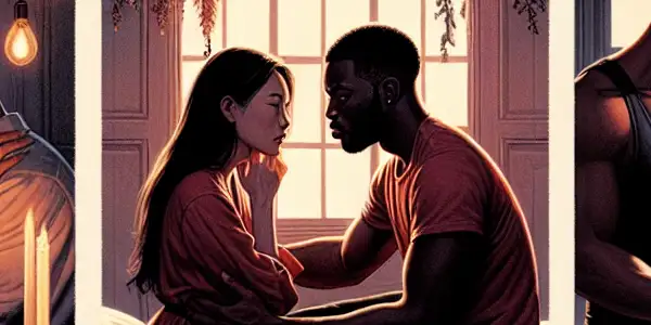 A triptych depicting the emotional spectrum of adult relationships: romance, tension, and everyday interactions.