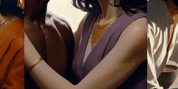 A triptych illustrating the emotional spectrum of adult relationships: romance, dominance, and everyday interactions.