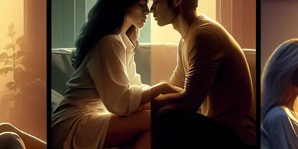 A triptych illustrating the emotional spectrum of adult relationships: romantic passion, tense dominance, and everyday interactions.