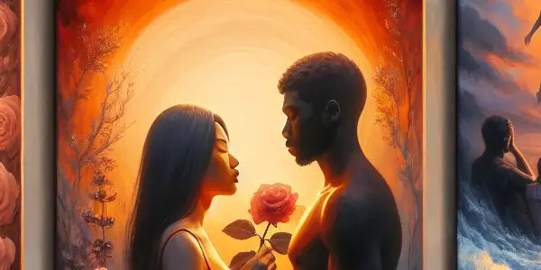 A triptych illustrating the emotional spectrum of adult relationships: love, tension, and everyday connection.