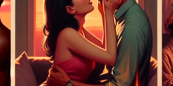 A triptych illustrating the emotional spectrum of adult relationships: love, conflict, and everyday intimacy.