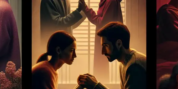 A triptych depicting the emotional spectrum of adult relationships: love, conflict, and everyday intimacy.