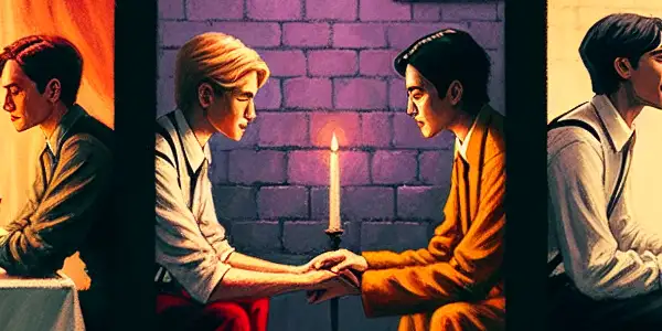 A triptych illustrating the emotional spectrum of adult relationships: romance, tension, and everyday interactions.