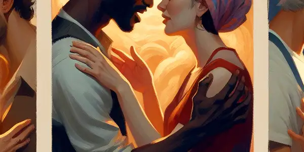 A triptych illustrating the emotional spectrum of adult relationships: romance, tension, and everyday interactions.