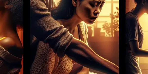 A triptych depicting the emotional spectrum in adult relationships: intimacy, conflict, and everyday interactions.