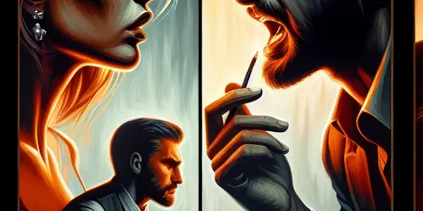 A triptych depicting the emotional spectrum of adult relationships: passion, tension, and everyday interactions.