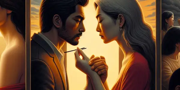 A triptych illustrating the emotional spectrum in adult relationships: romance, tension, and everyday interactions.