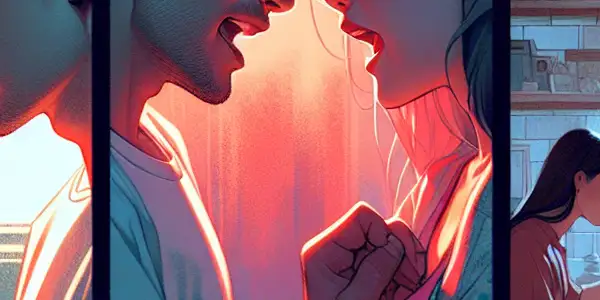 A triptych illustrating the emotional spectrum of adult relationships: romance, conflict, and everyday interactions.