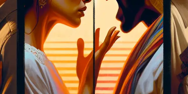 A triptych illustrating the emotional spectrum of adult relationships: romance, tension, and everyday interactions.