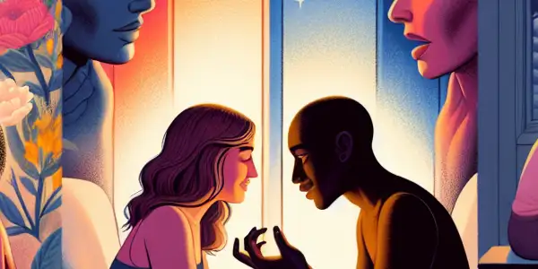 A triptych illustrating the emotional spectrum of adult relationships: love, conflict, and everyday tranquility.