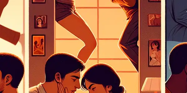 A triptych illustrating the emotional spectrum of adult relationships: romance, conflict, and everyday interactions.