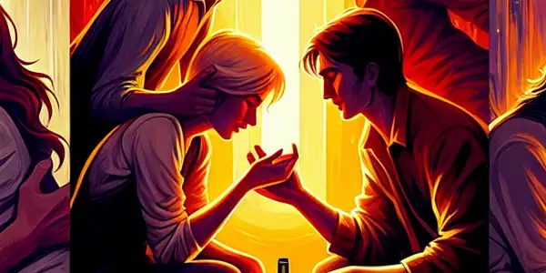 A triptych illustrating the emotional spectrum of adult relationships: romance, tension, and everyday companionship.