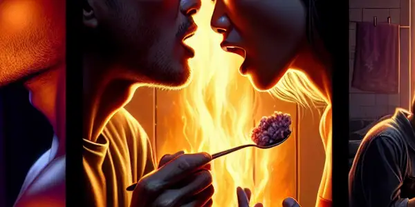 A triptych illustrating the emotional spectrum of adult relationships: intimacy, conflict, and everyday moments.