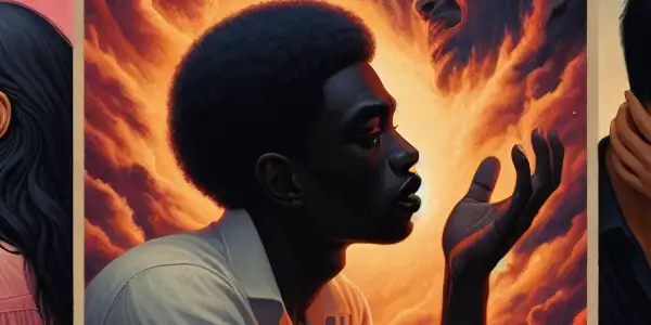 A triptych depicting the emotional journey of adult relationships: romance, tension, and everyday interactions.