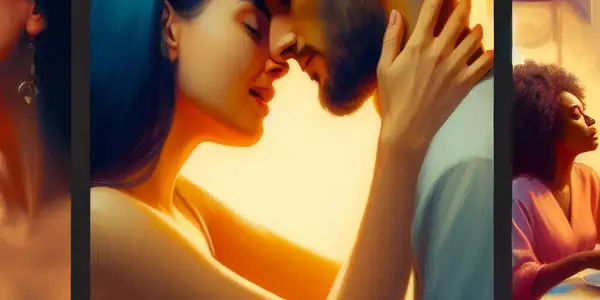 A triptych depicting the emotional spectrum of adult relationships: romance, conflict, and everyday life.