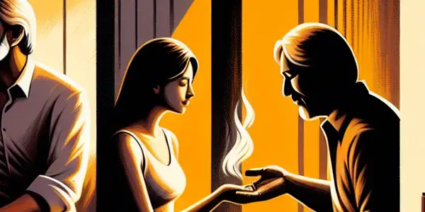 A triptych illustrating the emotional spectrum of adult relationships: romance, conflict, and everyday companionship.