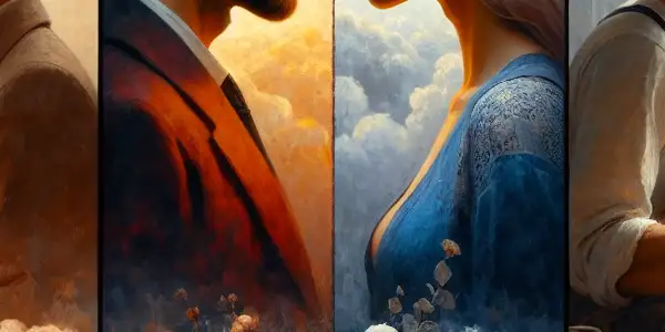 A triptych illustrating romance, tension, and everyday interactions in an adult relationship.