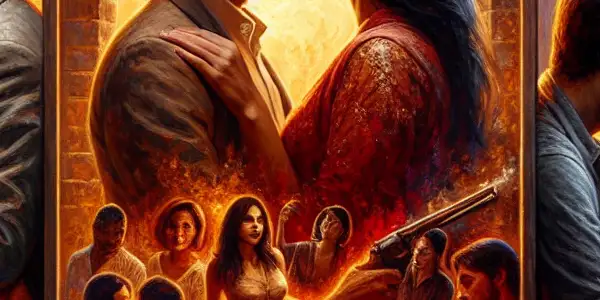 A triptych illustrating romance, conflict, and everyday interactions in adult relationships through emotional expressions and contrasting colors.