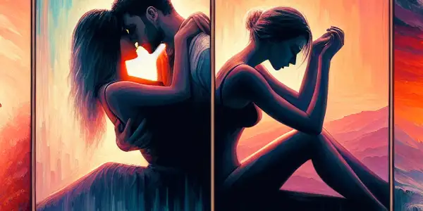 A triptych illustrating the emotional spectrum of adult relationships: passion, conflict, and everyday intimacy.