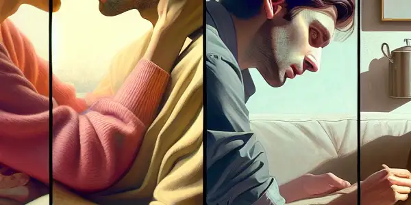 A triptych illustrating the emotional spectrum of adult relationships: romance, tension, and everyday interactions.