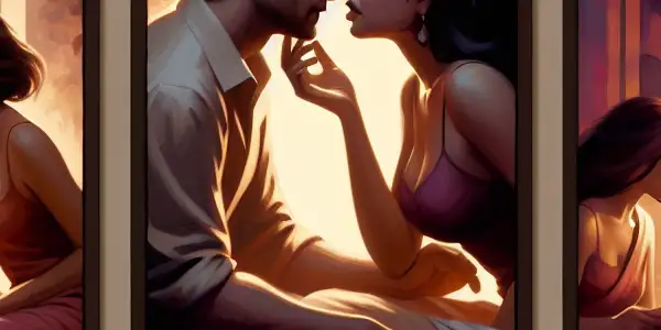 A triptych depicting the emotional spectrum of adult relationships: romance, conflict, and everyday interactions.