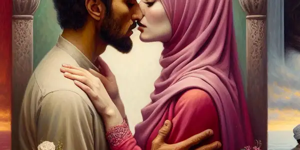 A triptych depicting the emotional spectrum in adult relationships: romance, conflict, and everyday life interactions.